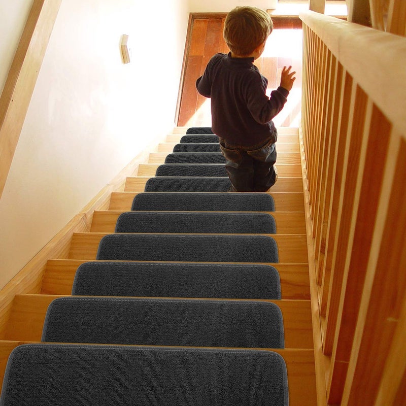 Seloom 13pcs Carpet Stair Treads, Indoor Non-Slip Edging Stair Rugs Covers Rubber Backing Anti Slip Indoor Stair Mats Removable Washable Step Runners for Wooden Stairs(25.5Ã—9.5In,Dark Grey) - Image 2